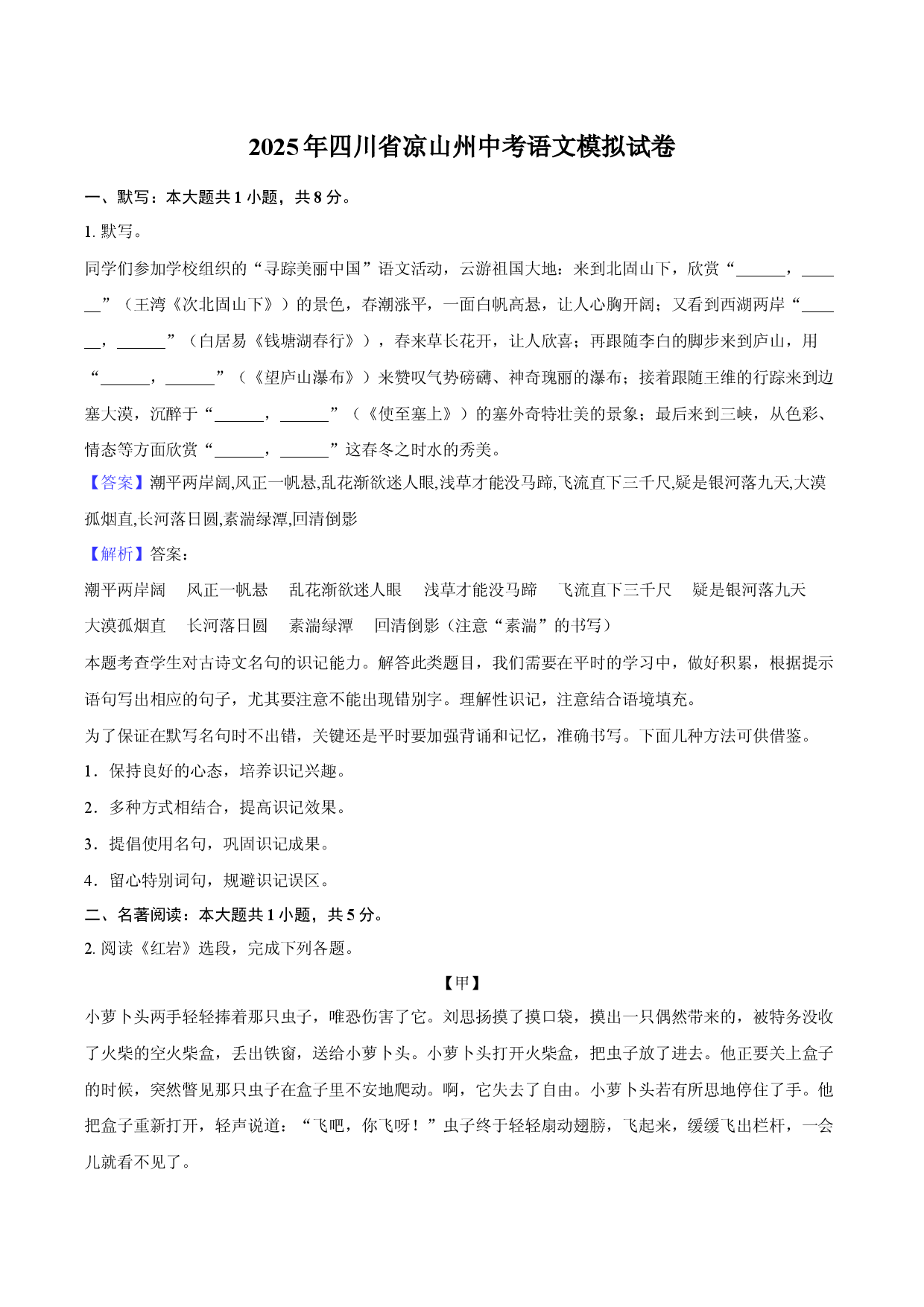 2025年四川凉山州中考语文模拟试卷(含参考解析).docx 第1页
