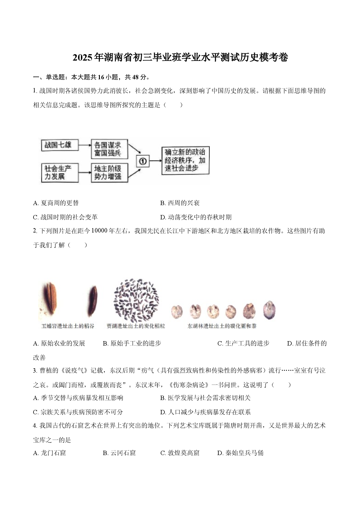 2025年湖南初三毕业班学业水平测试历史模考卷.docx 第1页