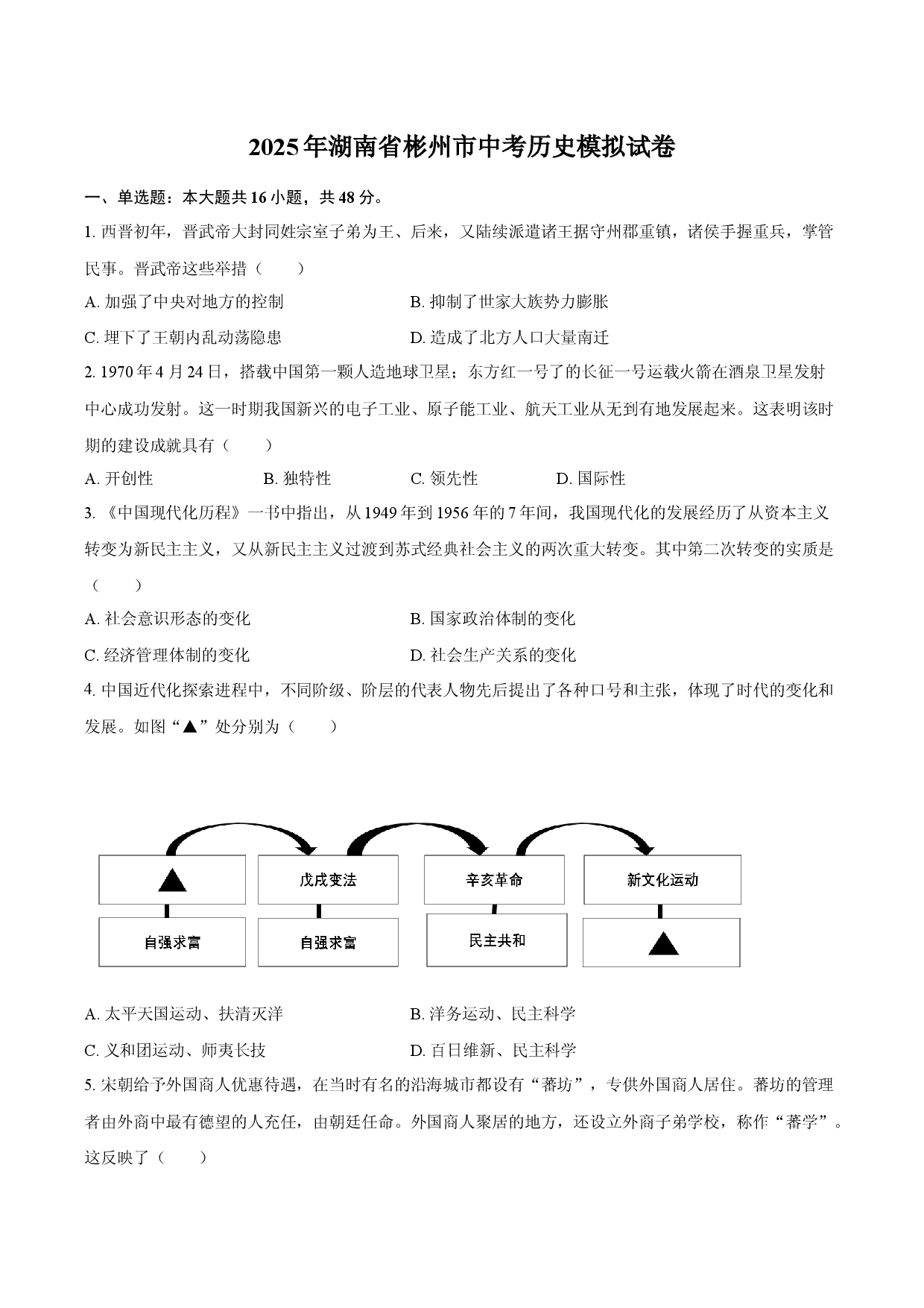 2025年湖南彬州市中考历史模拟试卷.docx 第1页
