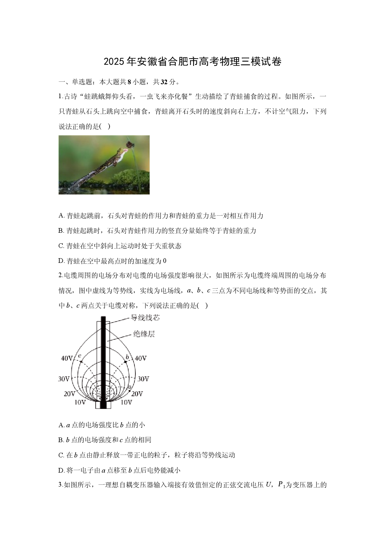 物理试卷2025届安徽合肥市高考三模试卷(含参考解析).docx 第1页