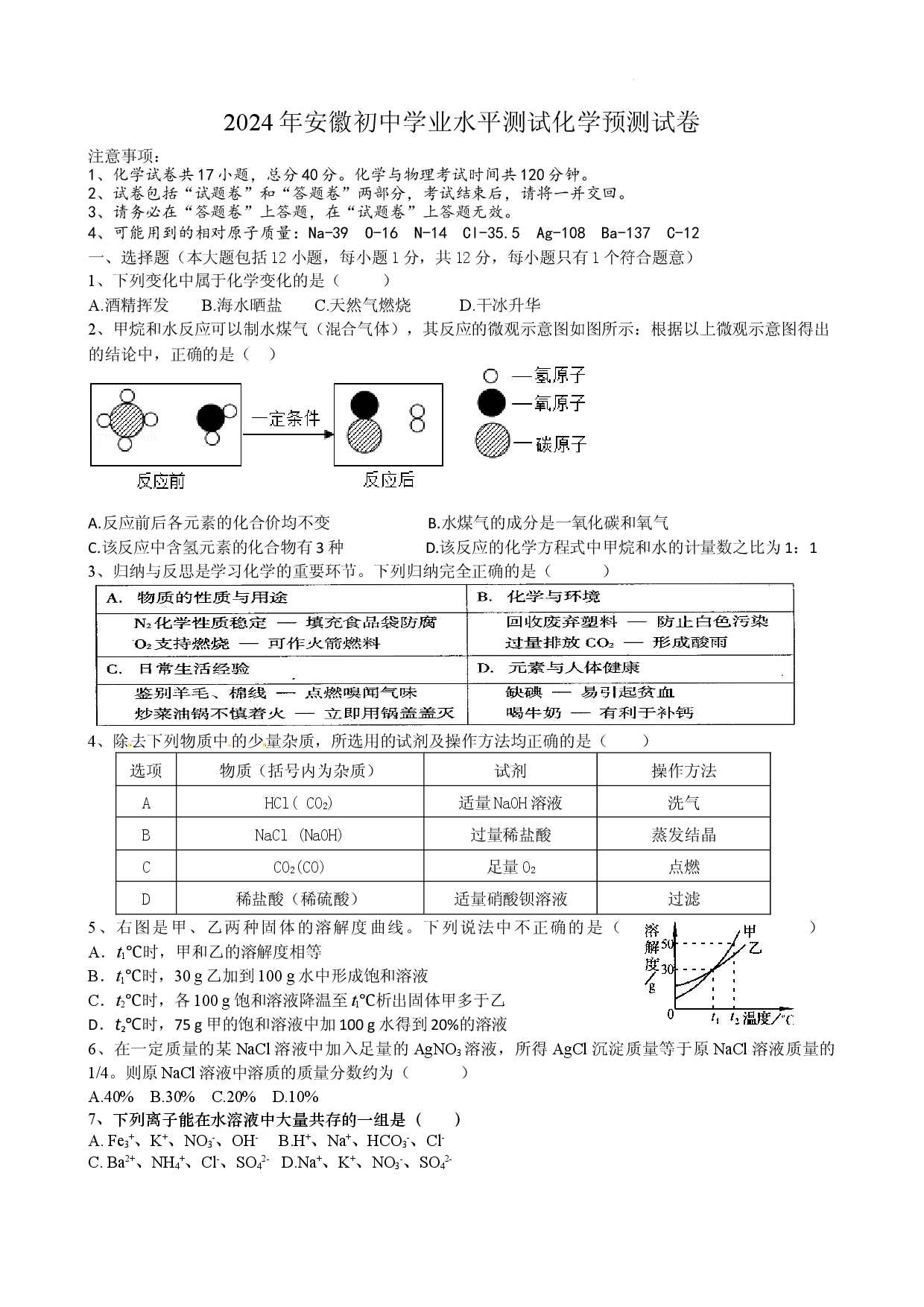 2024年安徽初中学业水平测试化学预测试卷.docx 第1页