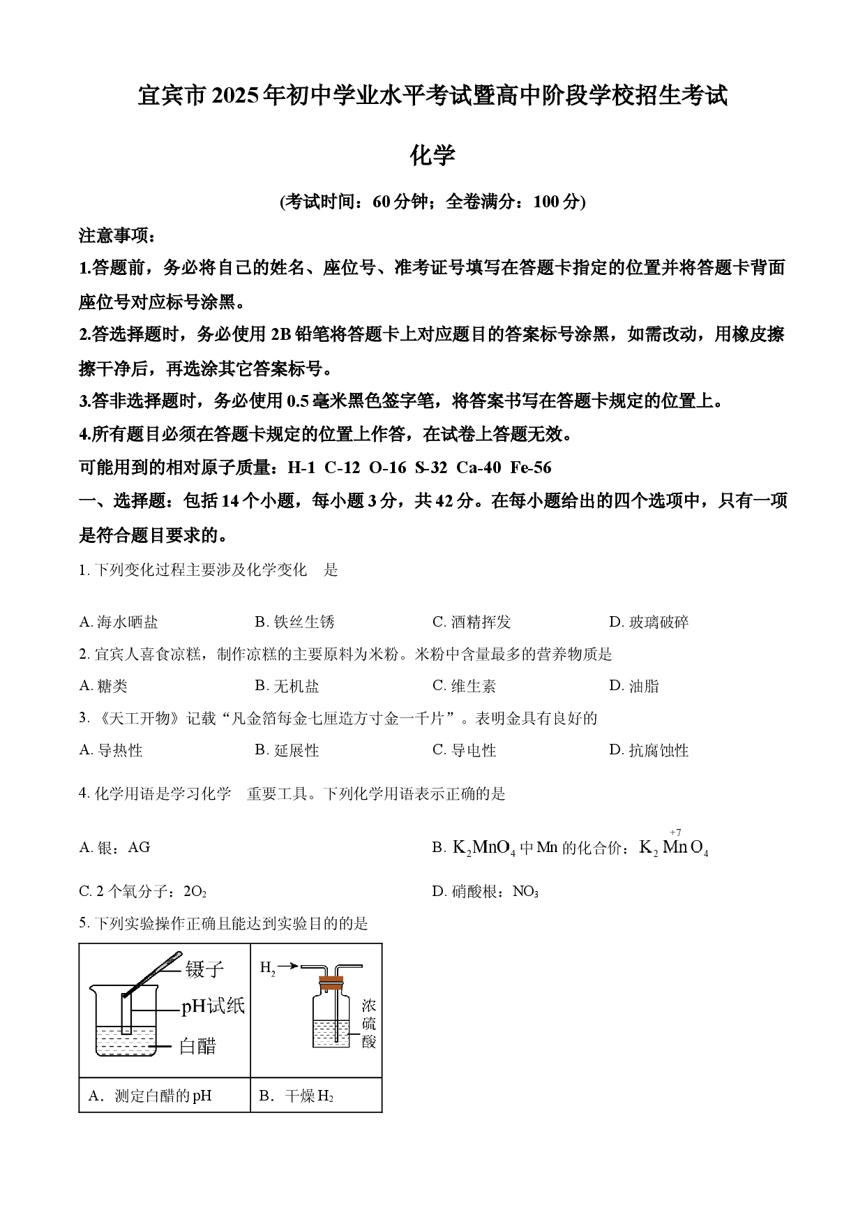 2025年四川省宜宾市中考化学真题.docx 第1页