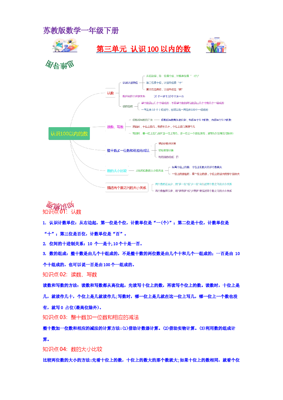 第三单元  认识100以内的数（教师版）-2022-2023学年一年级数学下册单元复习讲义（苏教版）.docx 第1页
