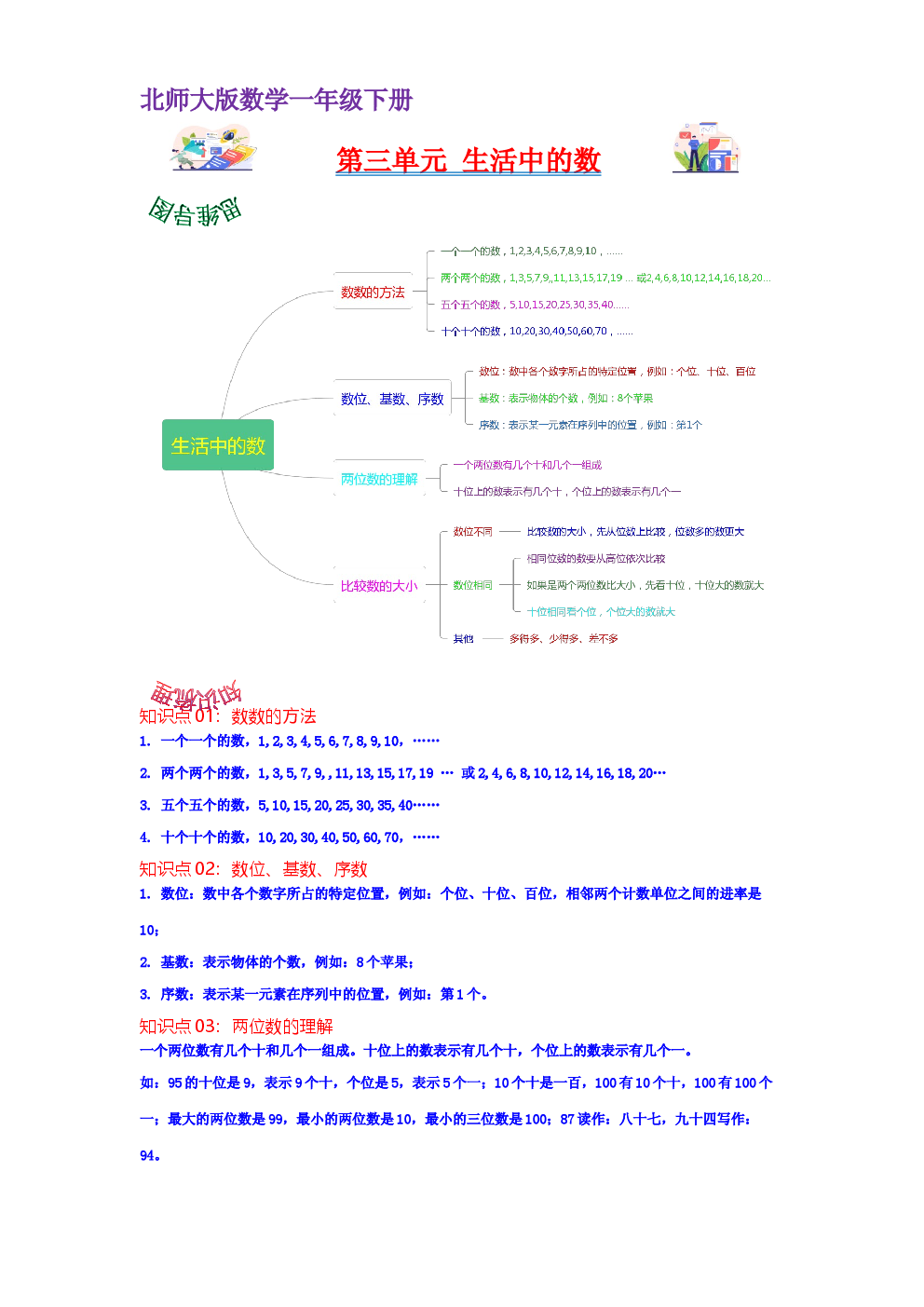 第三单元  生活中的数（学生版）-2022-2023学年一年级数学下册单元复习讲义（北师大版）.docx 第1页