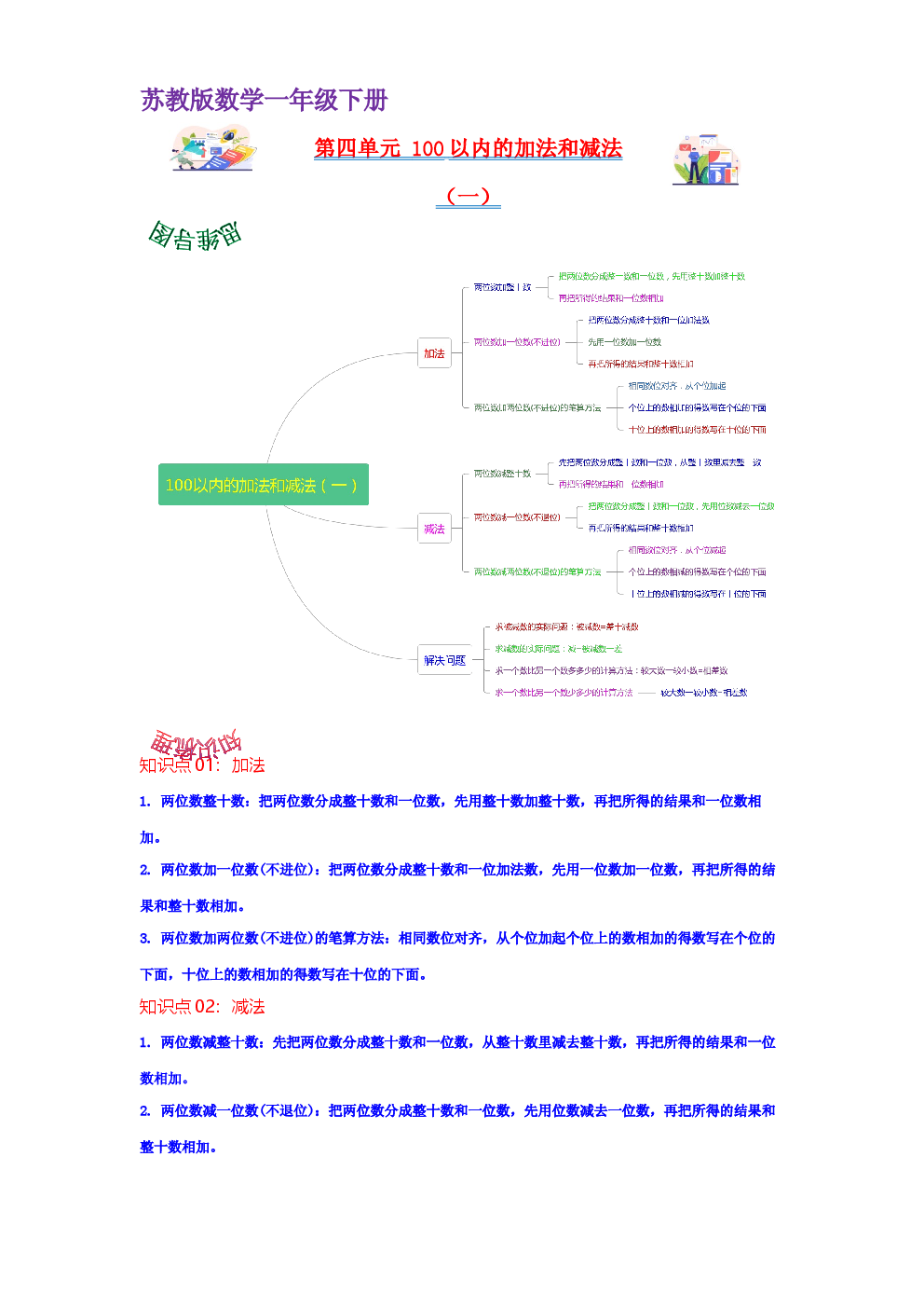 第四单元  100以内的加法和减法（一）（教师版）-2022-2023学年一年级数学下册单元复习讲义（苏教版）.docx 第1页